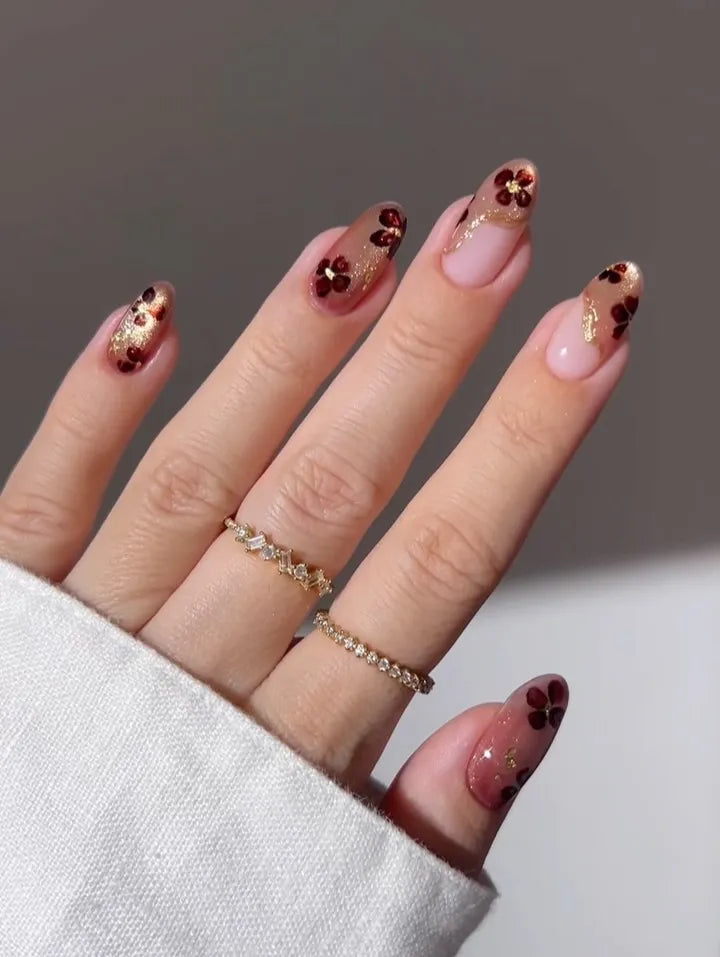 Handmade Floral Gold Glitter French Tip Autumn Wedding Press on Nails B40