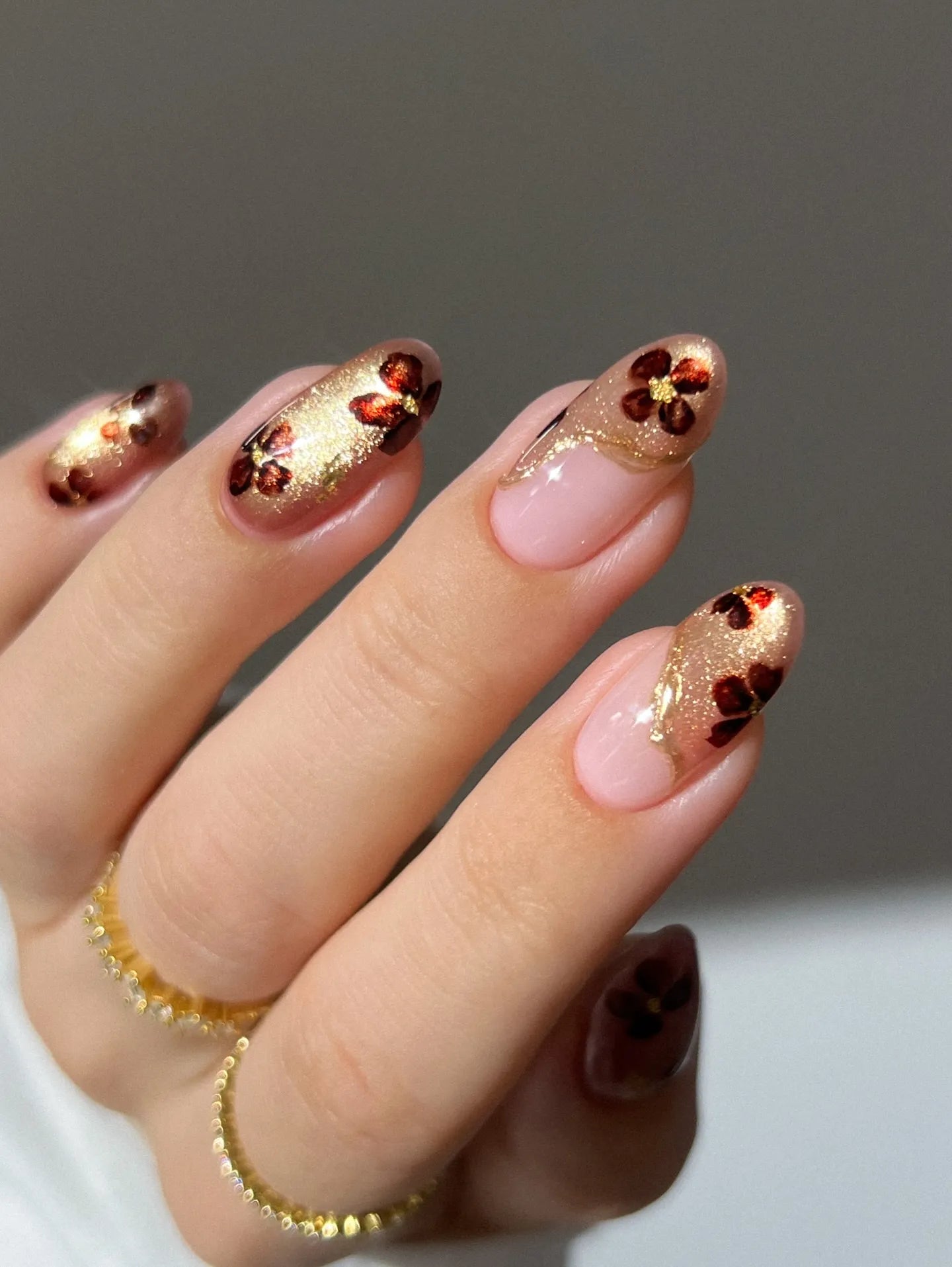 Handmade Floral Gold Glitter French Tip Autumn Wedding Press on Nails B40