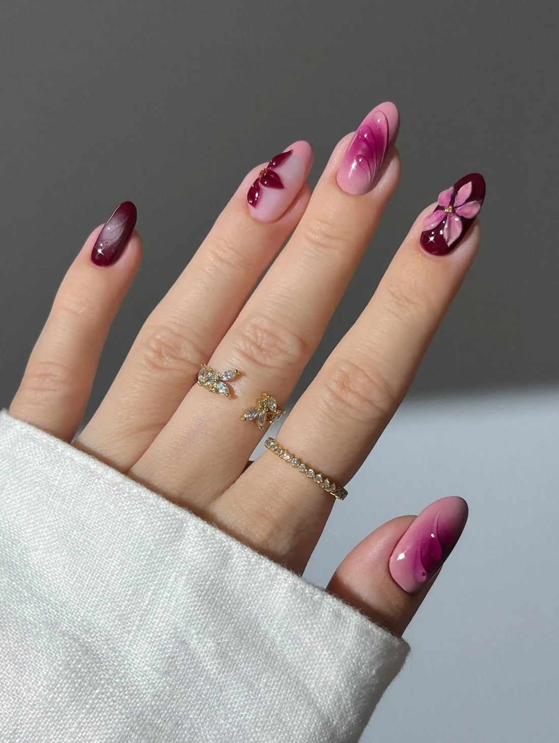 Handmade Burgundy Pink Ombre Swirl 3D Flower Wine Elegant Press on Nails X55
