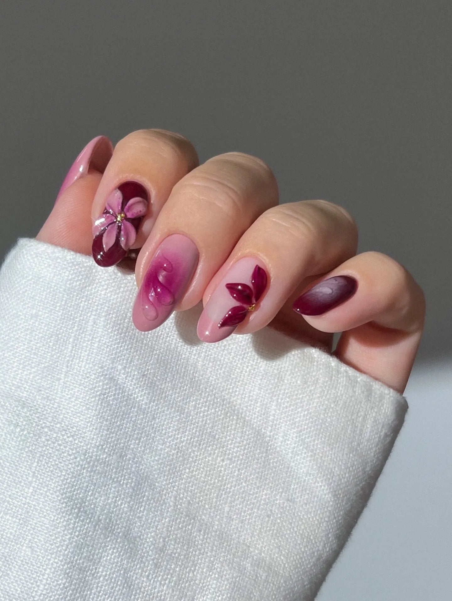 Handmade Burgundy Pink Ombre Swirl 3D Flower Wine Elegant Press on Nails X55