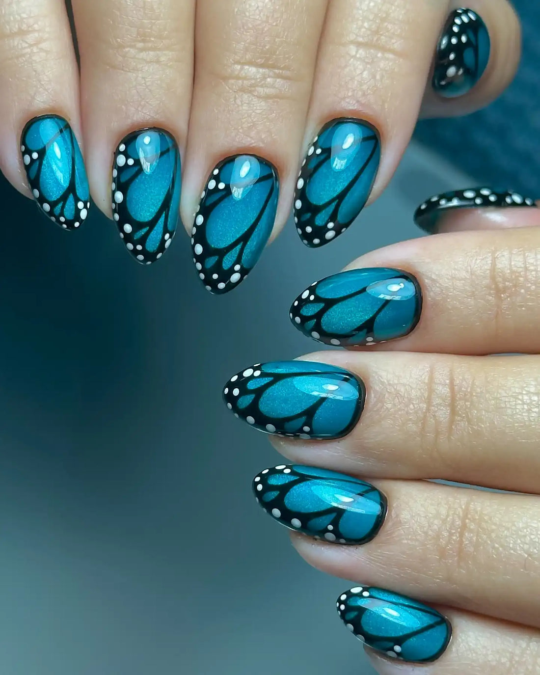 Handmade Butterfly Wing Black White Dot Elegant Nature Press on Nails B74