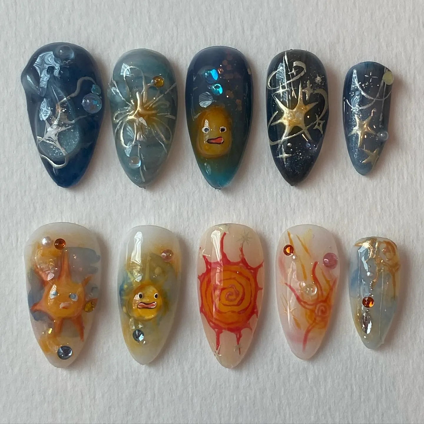 Handmade Studio Ghibli Sun Celestial Galaxy Blue Orange Fire Press on Nails G16