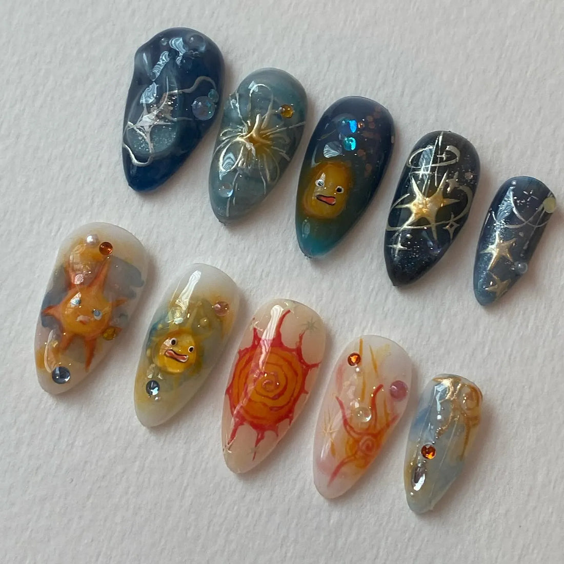 Handmade Studio Ghibli Sun Celestial Galaxy Blue Orange Fire Press on Nails G16