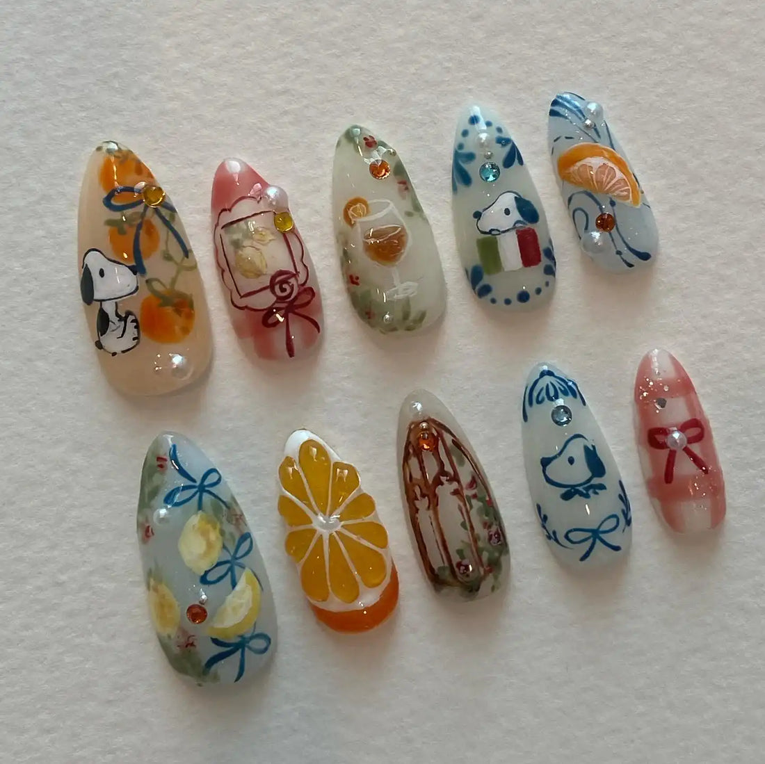 Handmade Cartoon Citrus Orange Fruit Wine Cute Summer Press on Nails S36