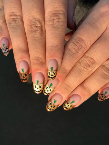 Handmade Cat Eye Gold Glitter Jack O Lantern Pumpkin French Tip Press on Nails QD1