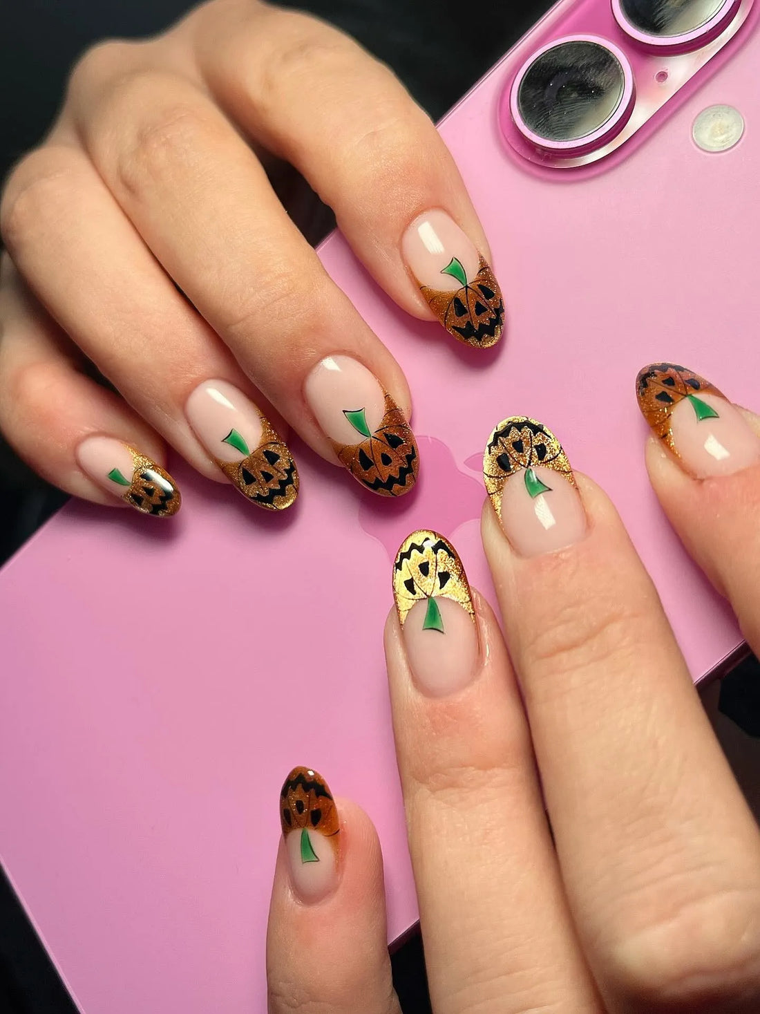 Handmade Cat Eye Gold Glitter Jack O Lantern Pumpkin French Tip Press on Nails QD1