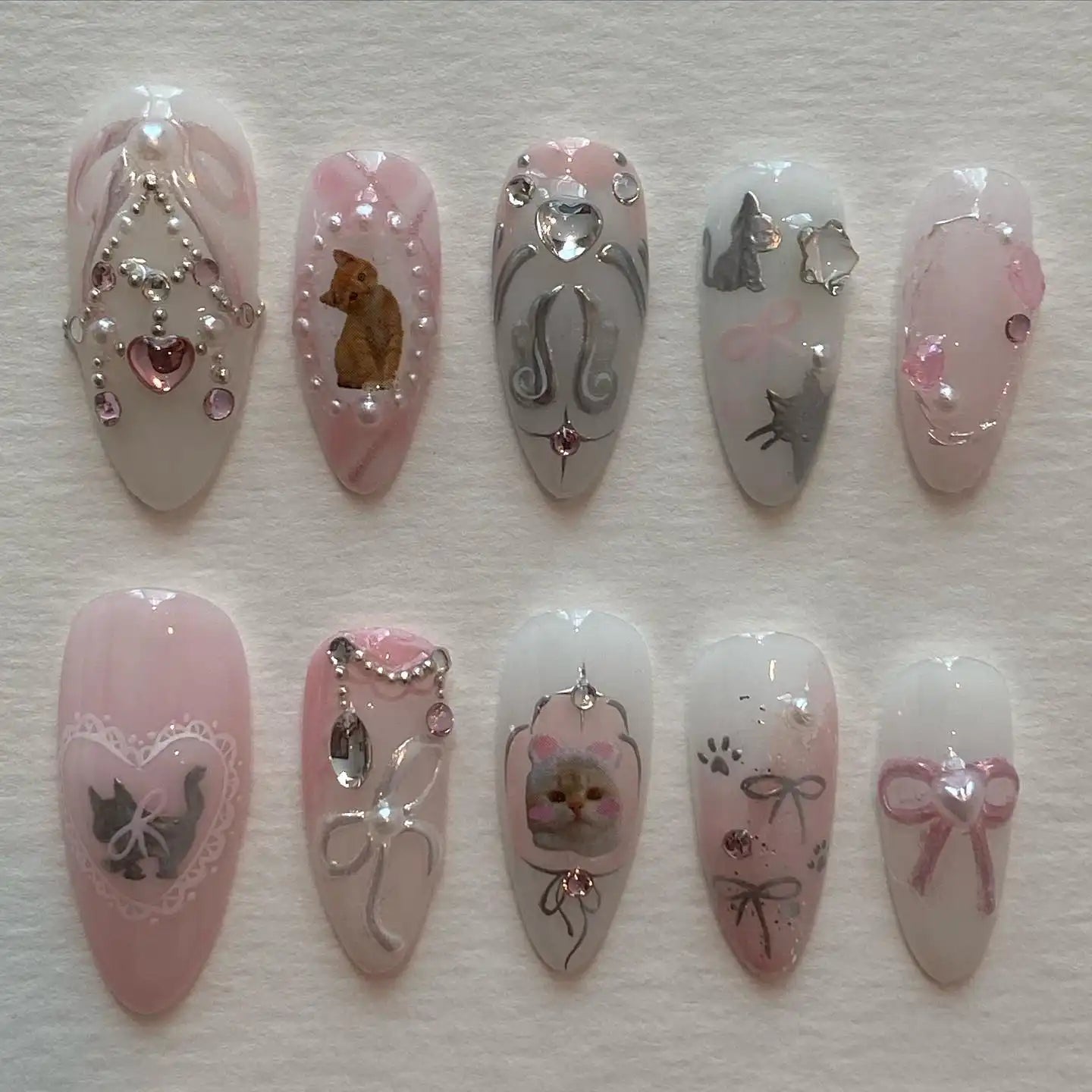 Handmade Cat Pearl Pink Lace Bow Rhinestone Pastel Press on Nails R34