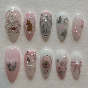 Handmade Cat Pearl Pink Lace Bow Rhinestone Pastel Press on Nails R34