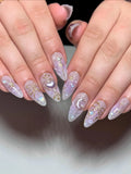 Handmade stiletto press-on nails with celestial purple heart, moon, and gold bow designs