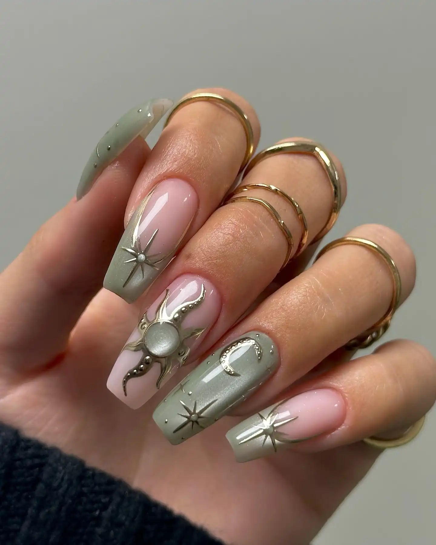 Handmade Celestial Green Nude Star Moon Sun Elegant Galaxy Press on Nails G46