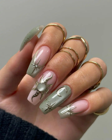 Handmade Celestial Green Nude Star Moon Sun Elegant Galaxy Press on Nails G46