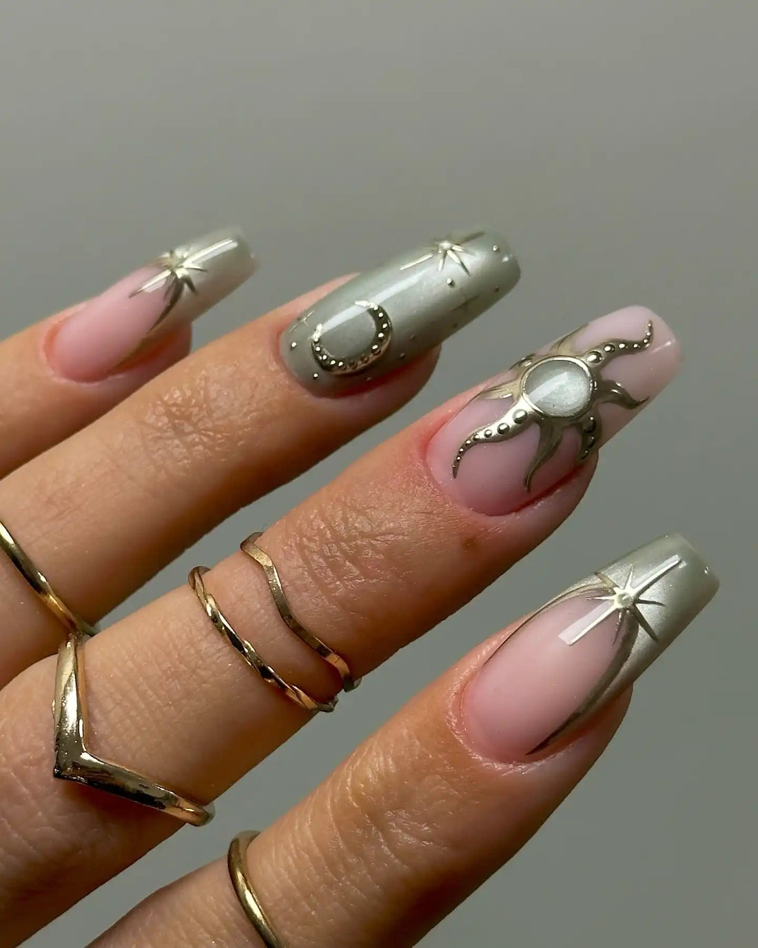 Handmade Celestial Green Nude Star Moon Sun Elegant Galaxy Press on Nails G46