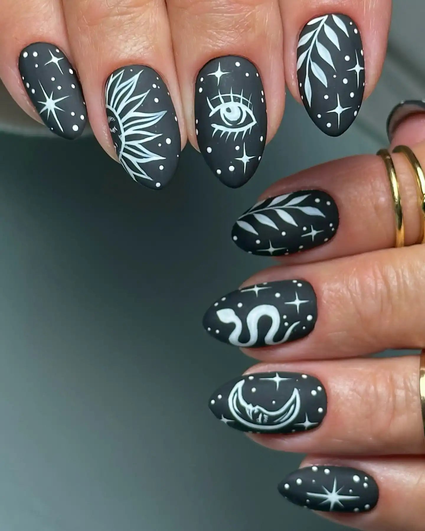 Handmade Celestial Moon Sun Eye Snake Black Matte Witch Press on Nails O91