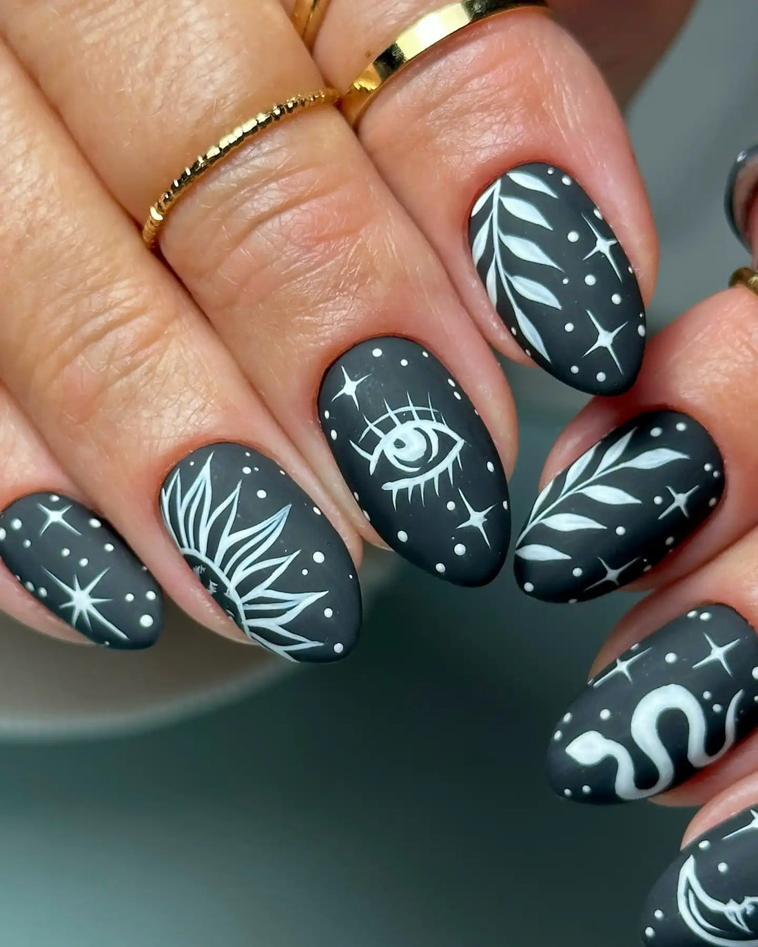 Handmade Celestial Moon Sun Eye Snake Black Matte Witch Press on Nails O91