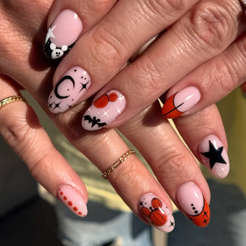 Handmade Celestial Witchy Pastel Pink Orange Mouse Ear Pumpkin Moon Fake Nails PX5
