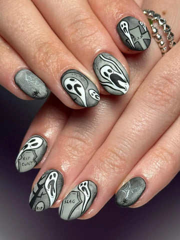 Handmade Charcoal Grey Ghost-face Screaming Ghost Gravestone Press on Nails QB4