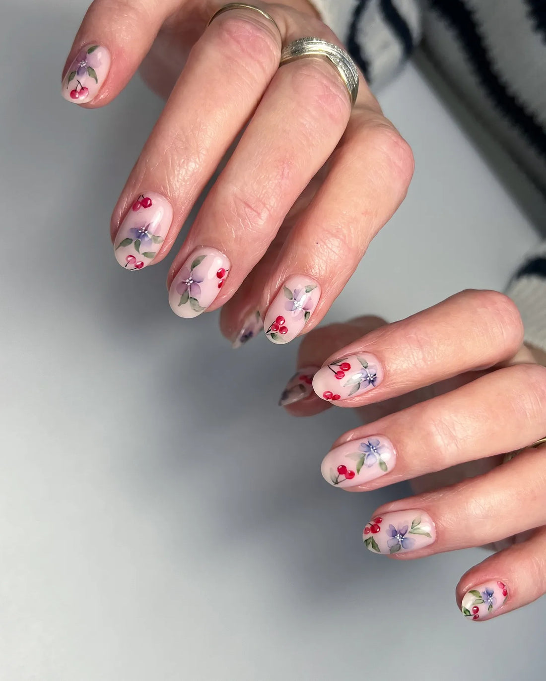 Handmade Cherry Blossom Purple Floral Garden Art Summer Press on Nails H48