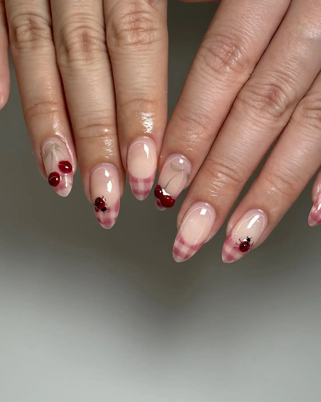 Handmade Cherry Ladybug Pink French Tip Cute Press on Nails D95