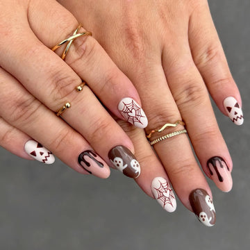 Handmade Chocolate Brown Melted Drip Ghost Spiderweb Jack O Lantern Fake Nails QE6