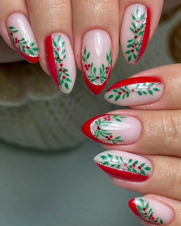 Handmade Christmas Holly Berries Red Green Press on Nails - Glitter Festive H33