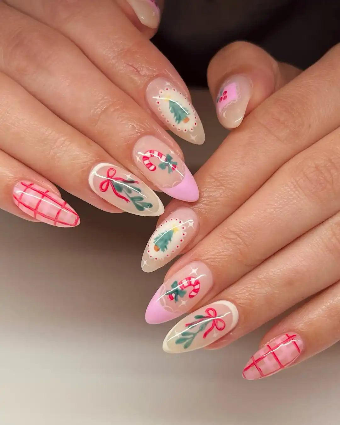Handmade Christmas Plaid Candy Cane Tree Pink Press on Nails Q76