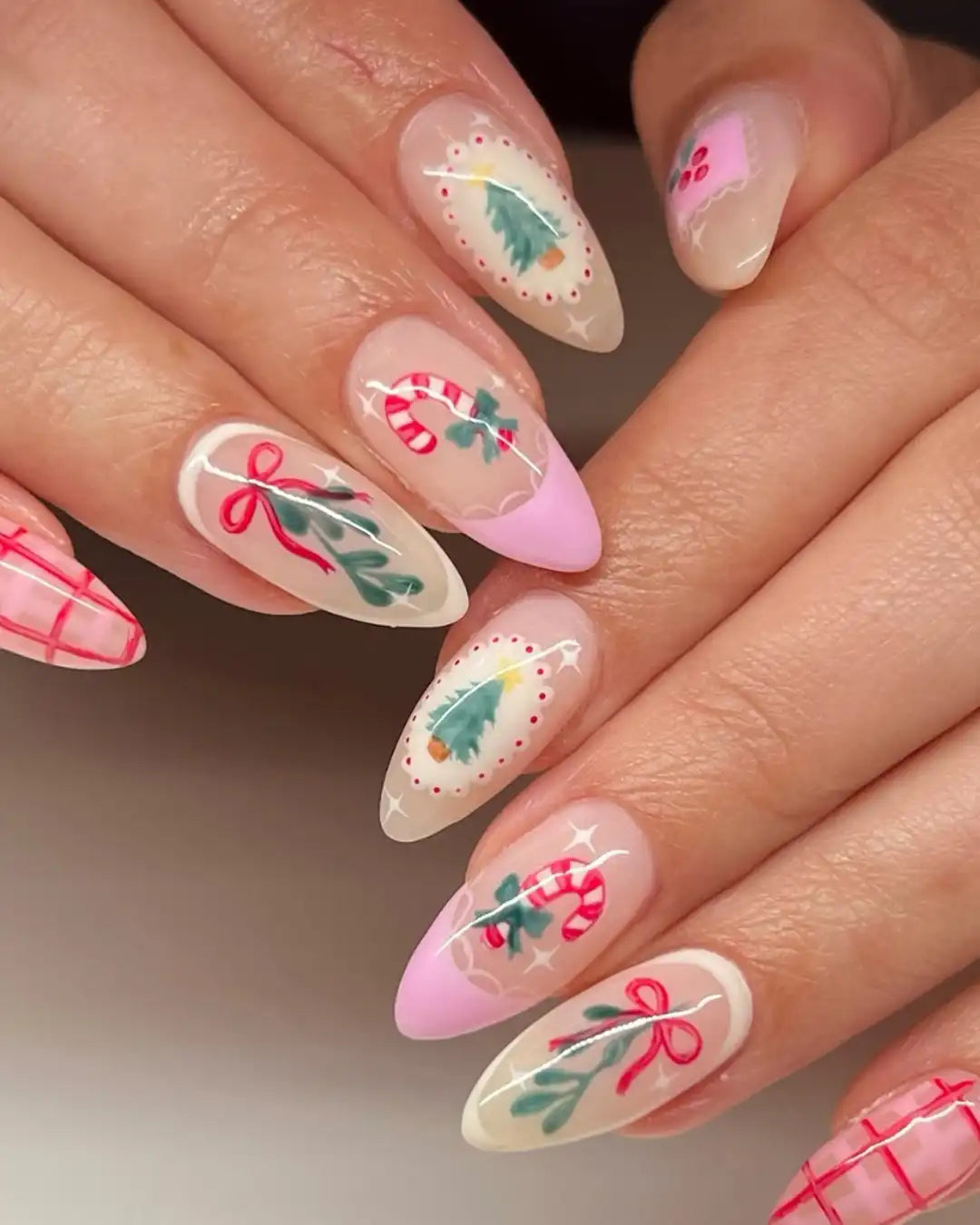 Handmade Christmas Plaid Candy Cane Tree Pink Press on Nails Q76