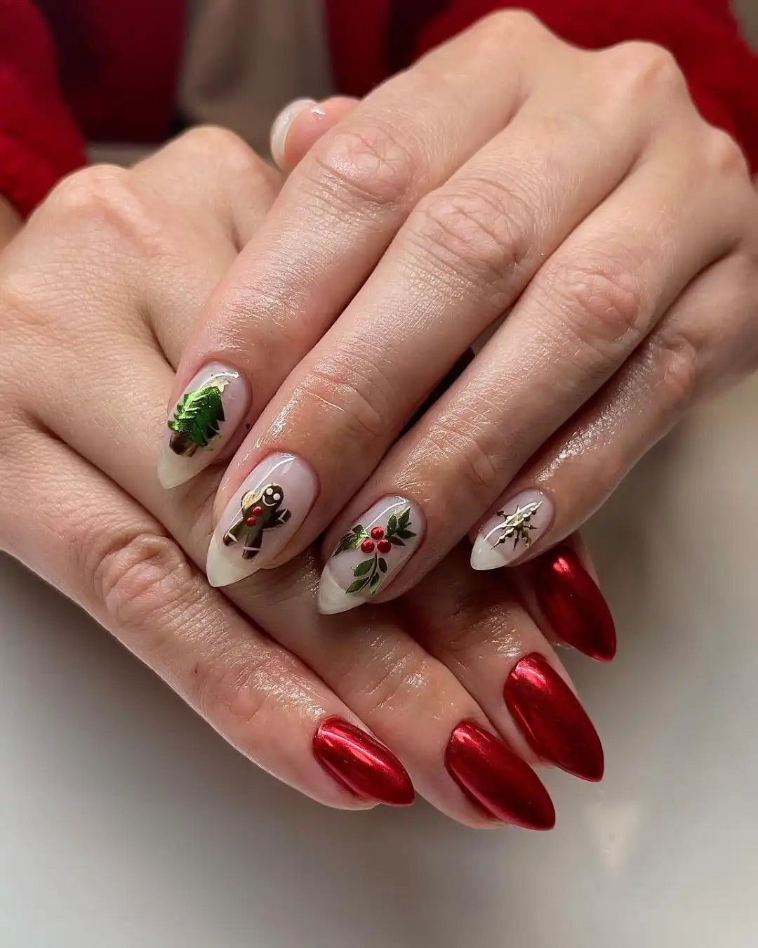 Handmade Christmas Red Chrome Tree Gingerbread Holly False Nails P64