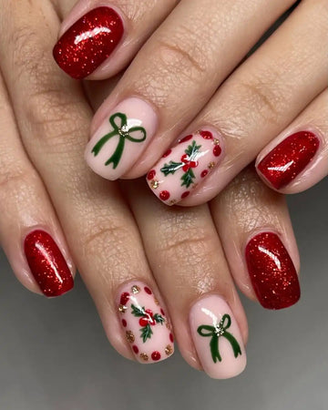 Handmade Christmas Red Glitter Bow Holly Festive Holiday Press on Nails B70