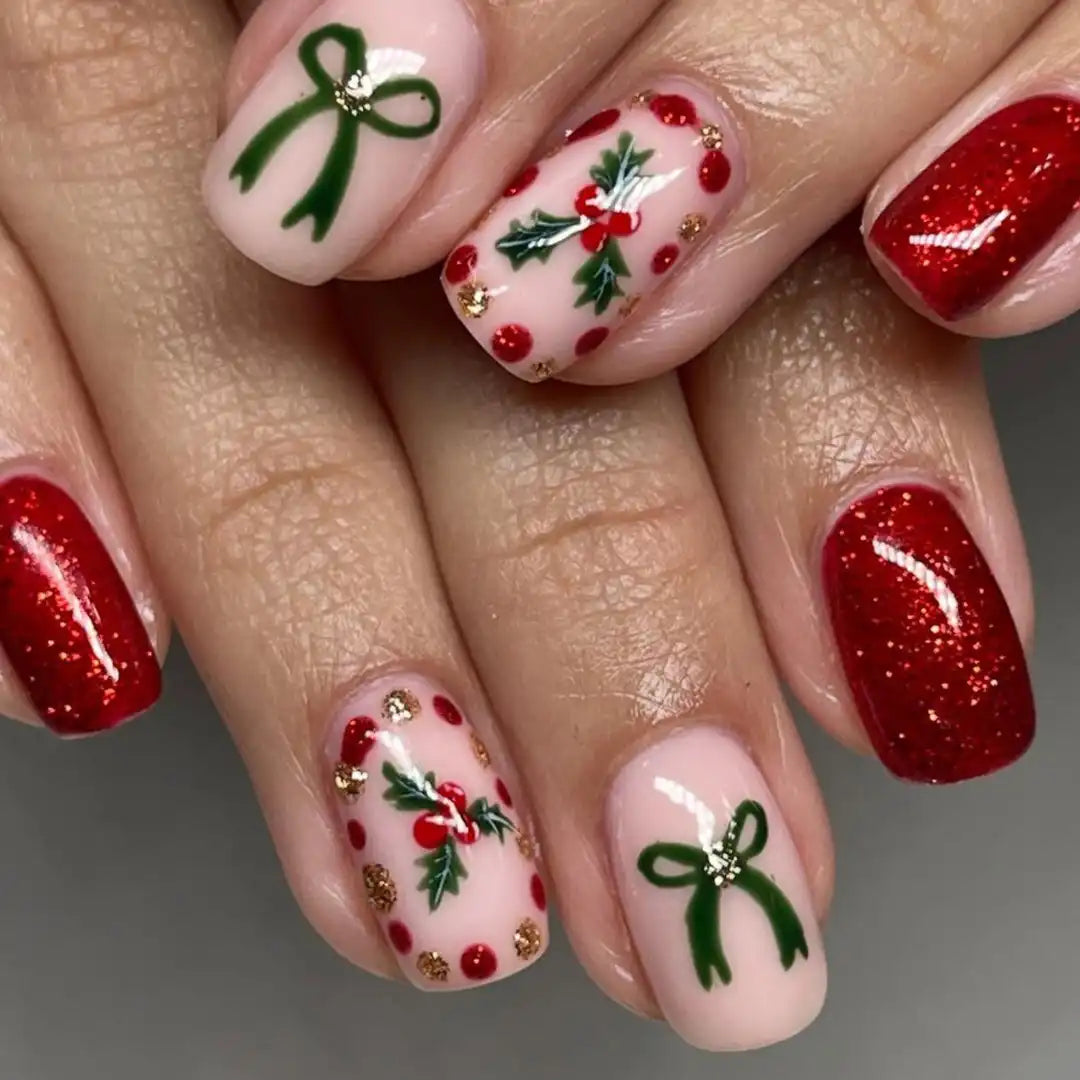 Handmade Christmas Red Glitter Bow Holly Festive Holiday Press on Nails B70