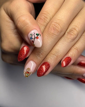 Handmade Christmas Red Glitter Gingerbread Lights Press on Nails N82