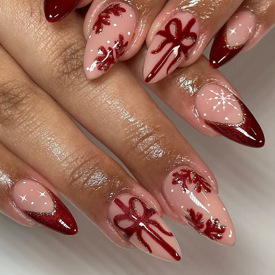 Handmade Christmas Red Glitter Ribbon Snowflake Press on Nails U72
