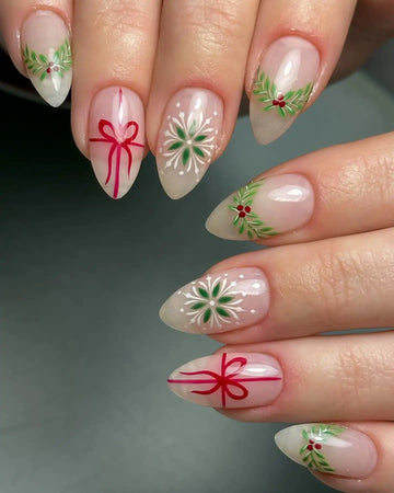 Handmade Christmas Ribbon Bow Holly Berries Press on Nails - Festive Elegant F81