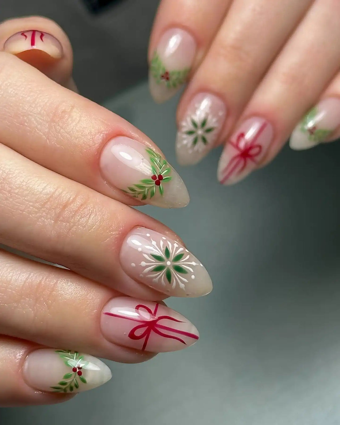 Handmade Christmas Ribbon Bow Holly Berries Press on Nails - Festive Elegant F81