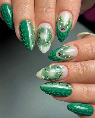Handmade Christmas Sweater Holly Berries Wreath Green Press on Nails W88