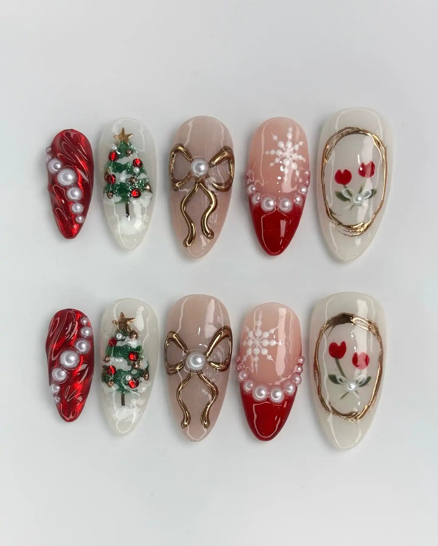 Handmade Christmas Tree Bow Pearl Red White Festive Press on Nails K40
