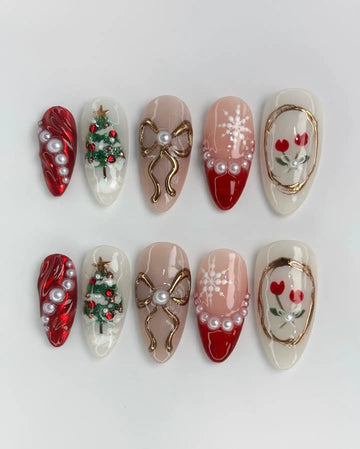 Handmade Christmas Tree Bow Pearl Red White Festive Press on Nails K40