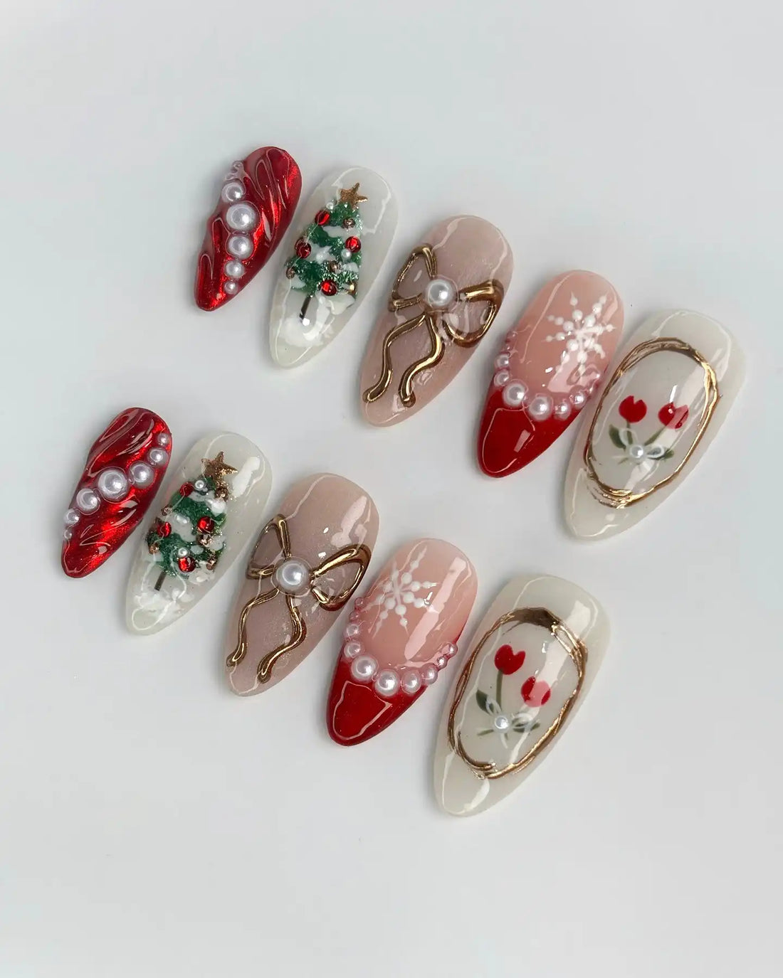 Handmade Christmas Tree Bow Pearl Red White Festive Press on Nails K40