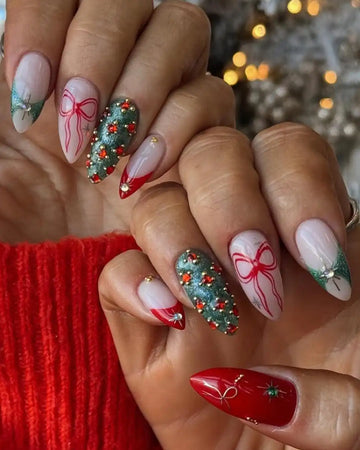 Handmade Christmas Tree Bow Rhinestone Red Green Press on Nails W28