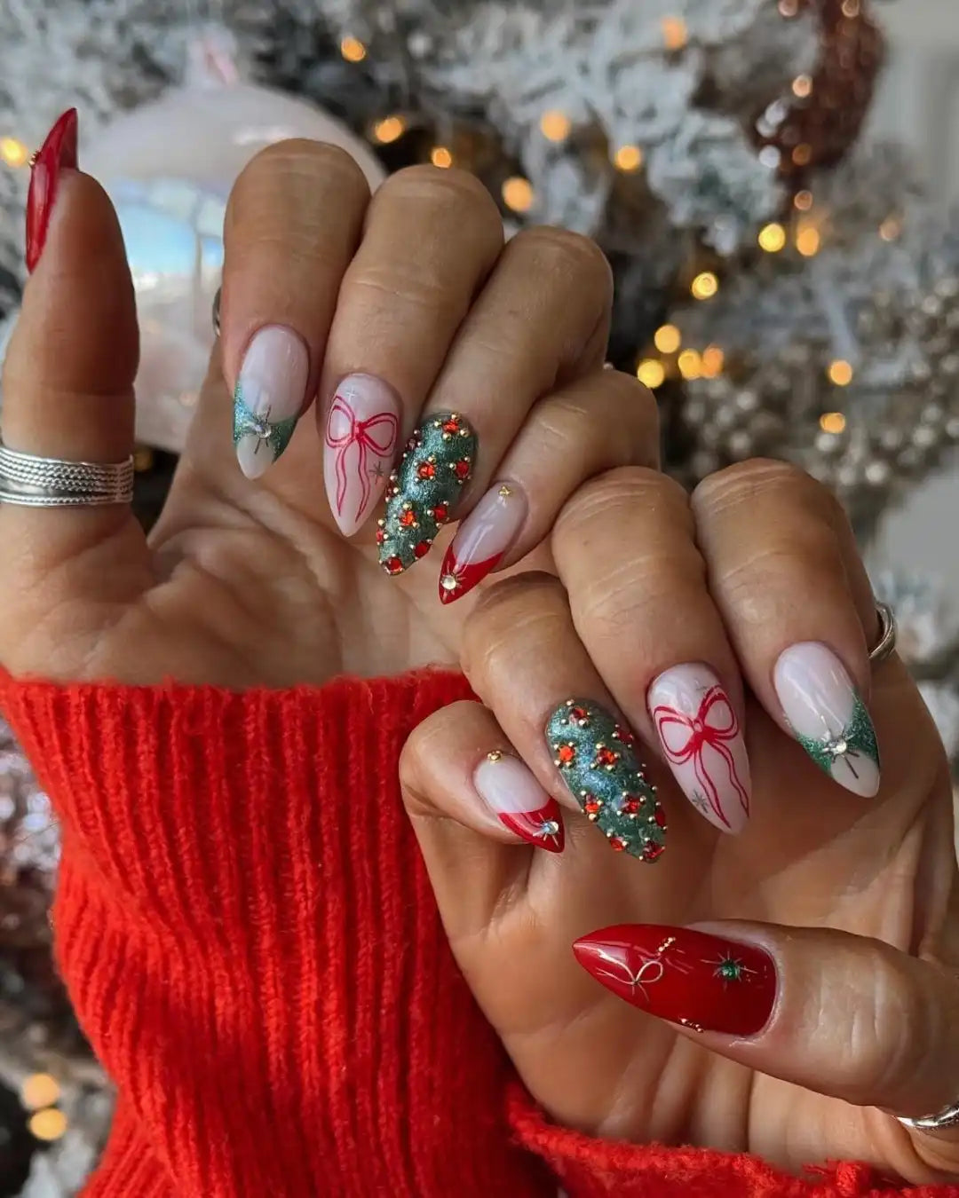 Handmade Christmas Tree Bow Rhinestone Red Green Press on Nails W28
