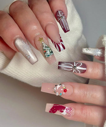 Handmade Christmas Tree Gift Box Candy Cane Snowflake Press on Nails X39