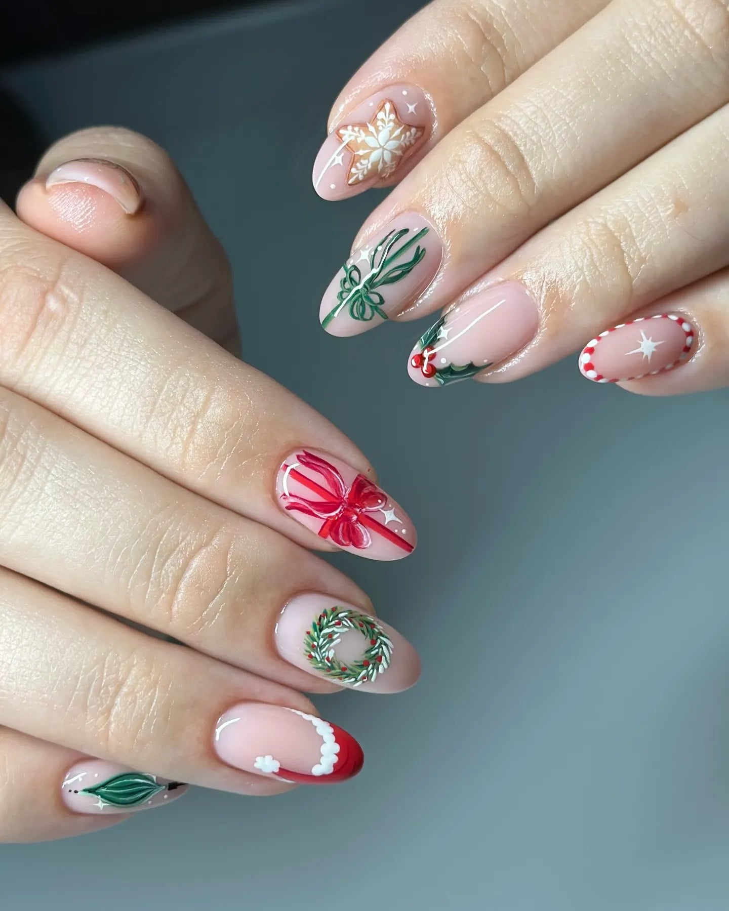 Handmade Christmas Wreath Snowflake Holly Red Bow Press on Nails Y91