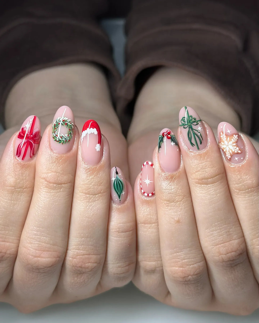 Handmade Christmas Wreath Snowflake Holly Red Bow Press on Nails Y91