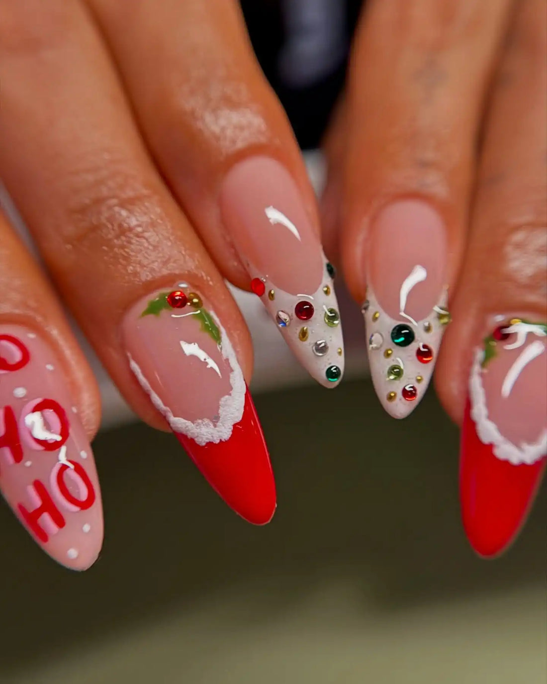 Handmade Christmas "Ho Ho Ho" and Holly Design Press on Nails V20