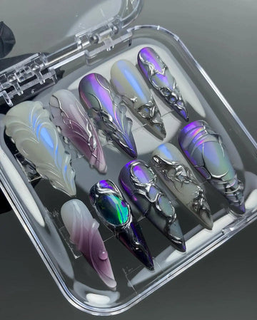 Handmade Chrome Black Iridescent Purple Abstract Sci-Fi Press on Nails F77
