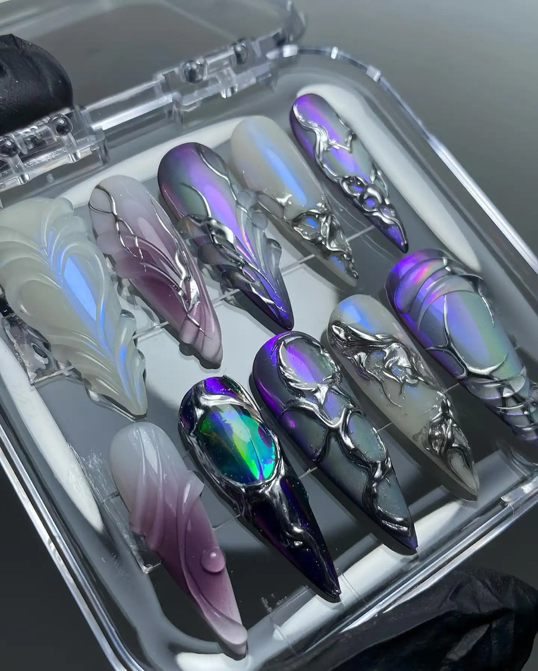 Handmade Chrome Black Iridescent Purple Abstract Sci-Fi Press on Nails F77