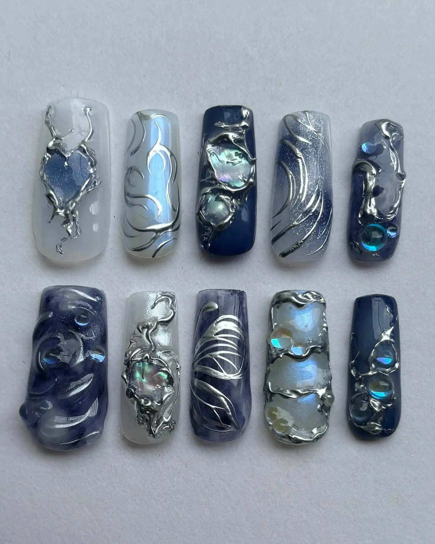 Handmade Chrome Blue Galaxy Aura Shell Liquid Metal Press on Nails T84