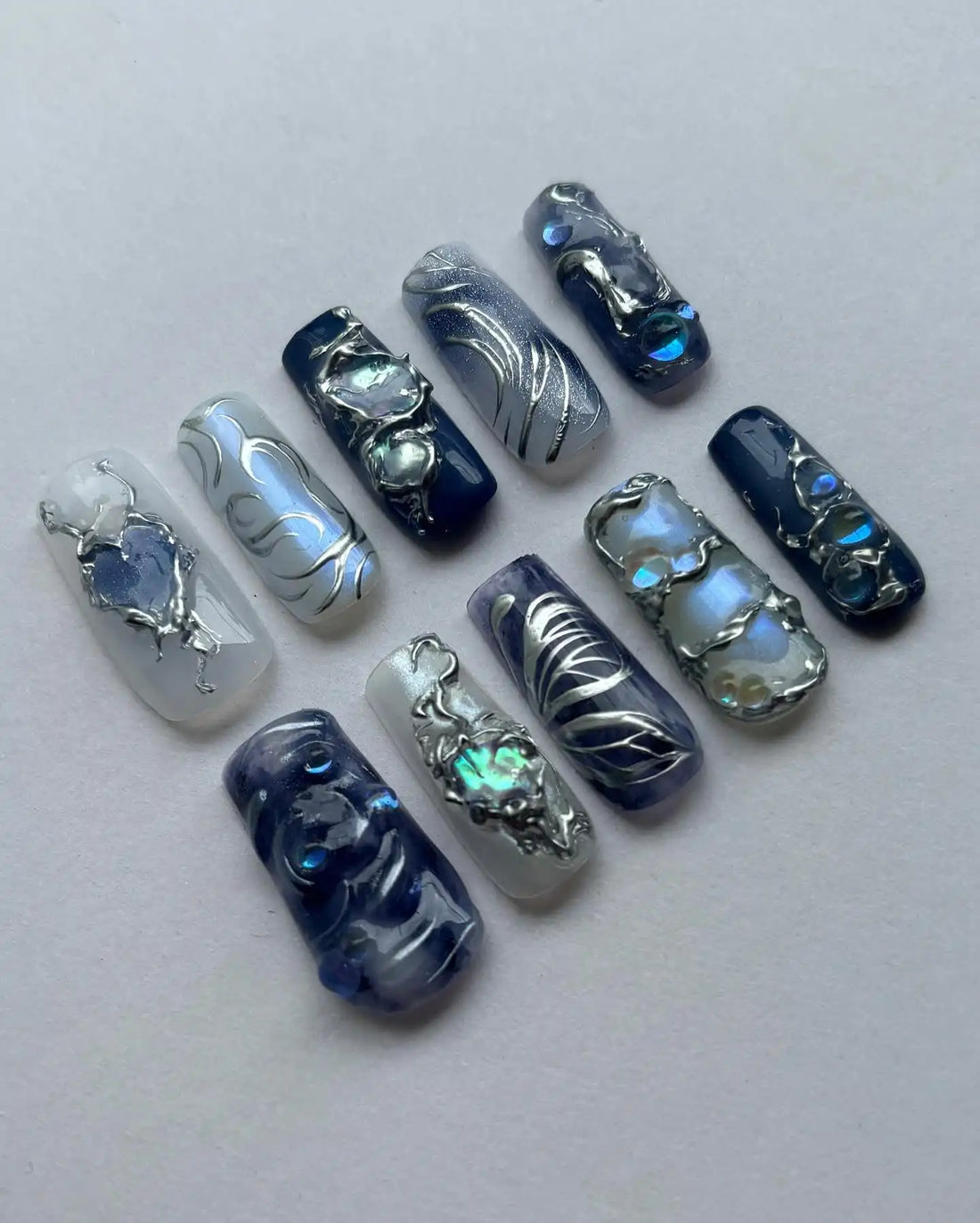 Handmade Chrome Blue Galaxy Aura Shell Liquid Metal Press on Nails T84