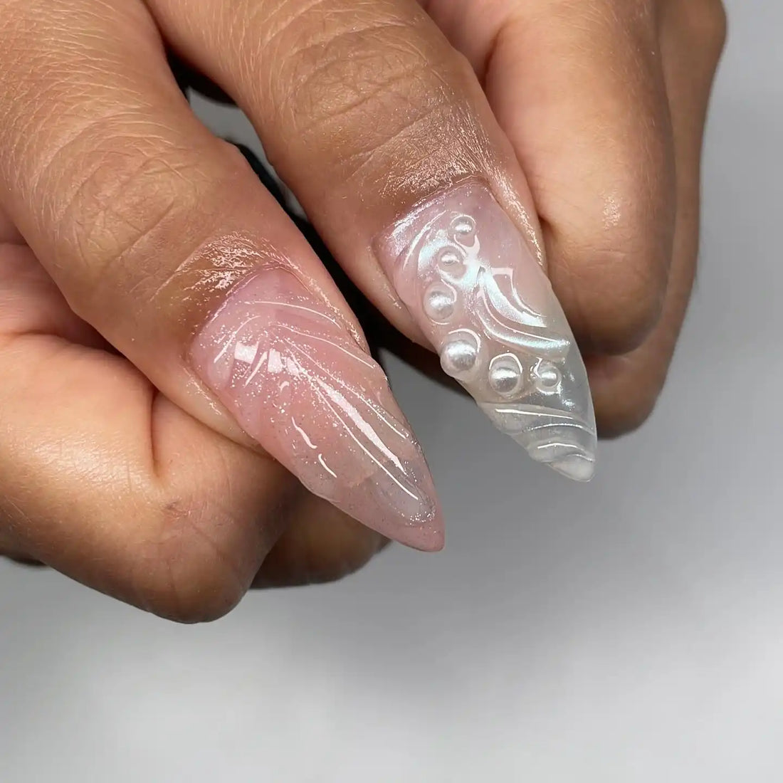 Handmade Chrome Green Pink 3D Flower Pearl Leaf Press on Nails D17