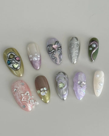 Handmade Chrome Pastel Jewel Bow Pearl Swirl Press on Nails Z33