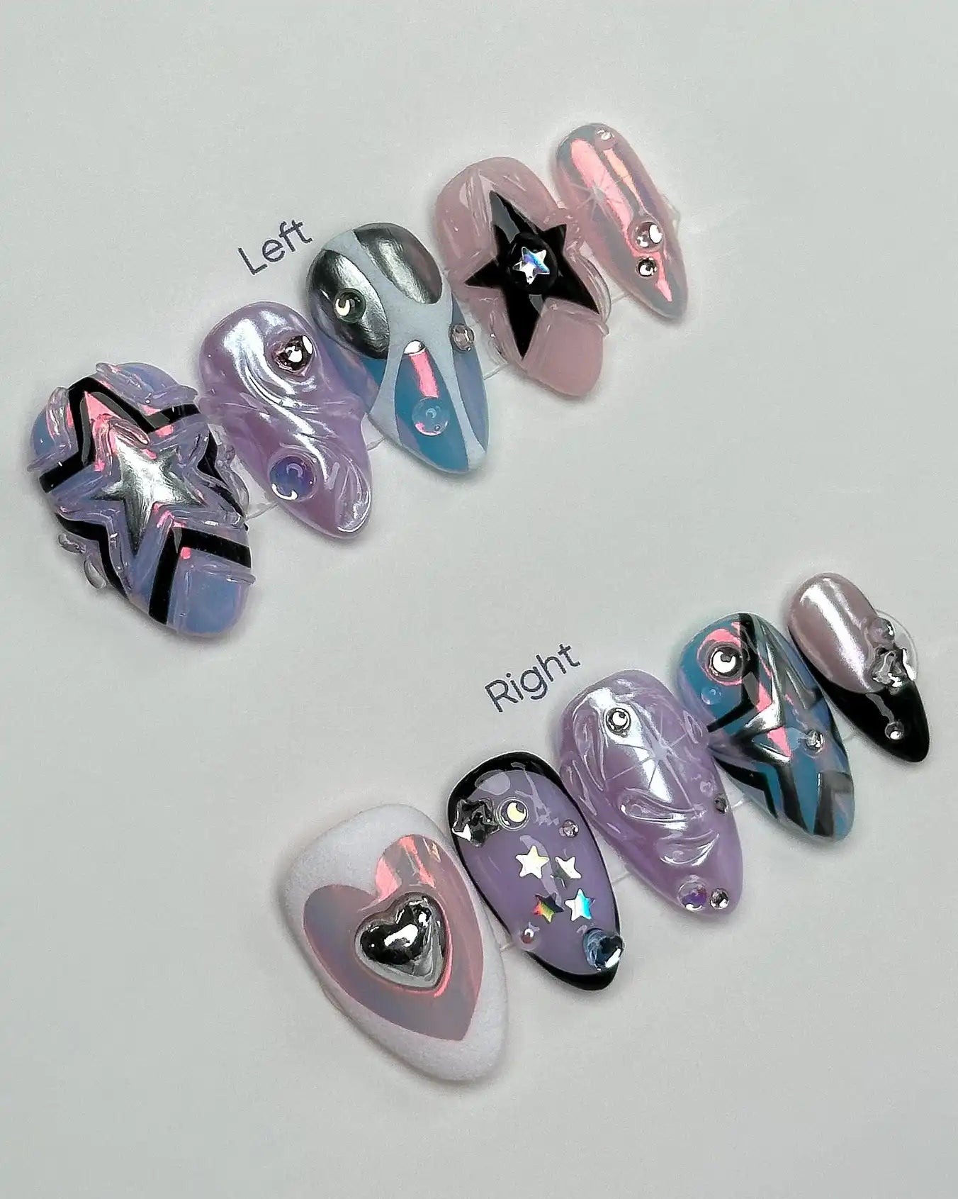 Handmade Chrome Pastel Pink Purple Star Heart Press on Nails W72
